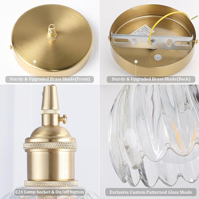 Mini Pendant Light 2 Pack with Clear Tulip Glass Lmapshade, Brass Vintage Pendant Light Adjustable Hanging Light for Kitchen Island Dining Room Hallway