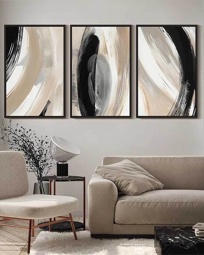 KUVIOKE Modern Abstract Framed Wall Art Black Neutral Minimalist Ink and Wash Graffiti Pastel Wall Decor for Bedroom Living Room 16x24in (Black Framed)