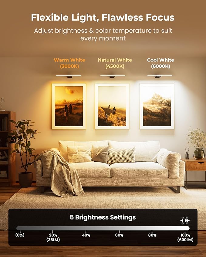 Wireless LED Picture Light for Wall Art with Remote, 3 Color Temps, Dimmable, 12000mAh Battery Operated Sconce for Gallery Library Museum Frame Painting Artwork Photo Display (Black,1 Pack)