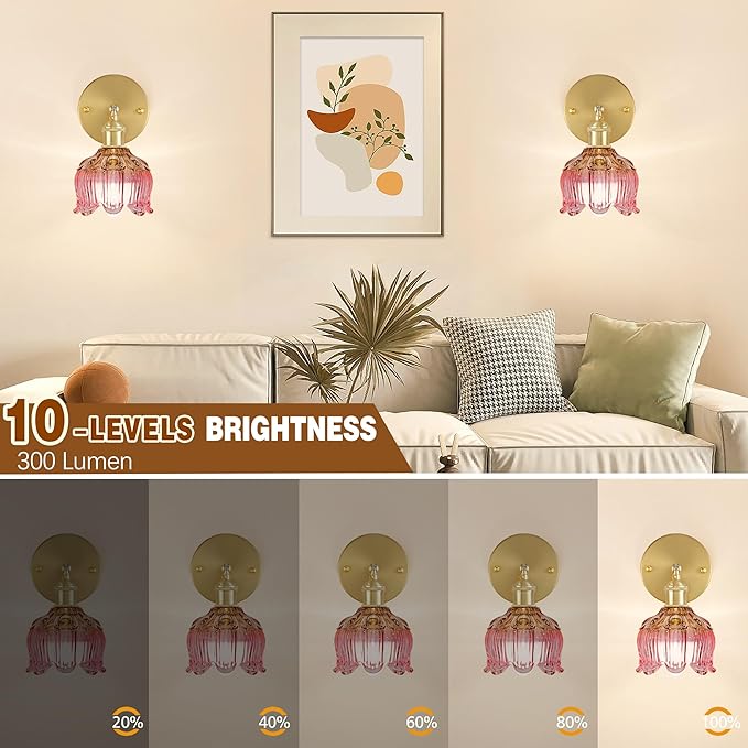 Battery Operated Wall Sconce with Remote Control,Vintage Wall Sconce with Flower lampshade and Timer,Rechargeable Battery Wall lamp Wall Lights with 15 Colors for Bedroom Living Room Doorway,Pink