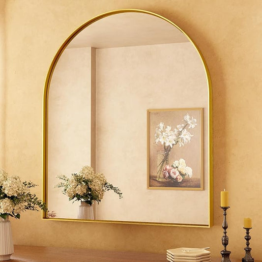 TETOTE 30 x 36 Gold Arched Mirror for Bathroom Brushed Gold Arch Metal Framed Mirrors Wall Mounted, Tempered Glass Shatterproof Decorative Mirror for Modern Home Decor
