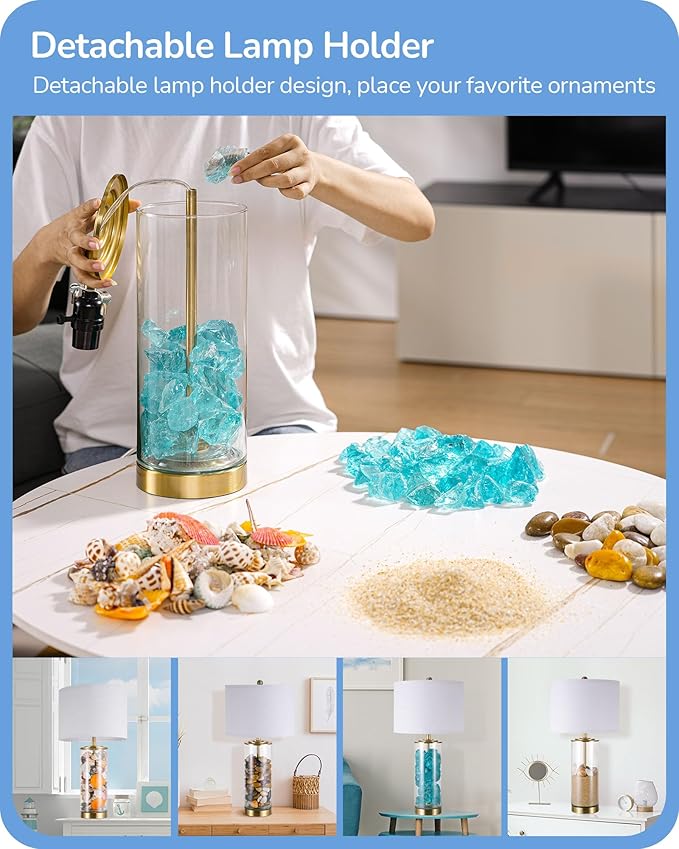 EDISHINE 23.6IN Glass Table Lamp DIY Fillable Base, White Linen Lampshade Table Lamp Set of 2, Tall Bedside Lamp for Living Room Bedrooms Bedside, Rotary Switch, UL Listed