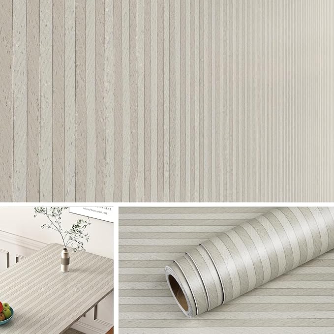 Livelynine 15.8x197 Tan Beige White Striped Wallpaper Peel and Stick Neutral Stripe Wall Paper Roll Stripes Accent Wall Panels Wood Contact Paper Waterproof Wood Panel Wallpaper for Bathroom Bedroom