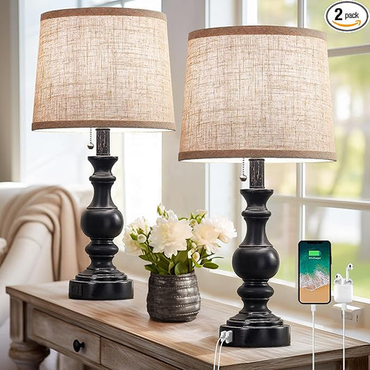 Table Lamps for Bedroom Set of 2 Farmhouse Bedside Lamps for Nightstand with USB C+A Charging Ports, Vintage Traditional Side Table Lamps for Living Room - Bulbs Not Included