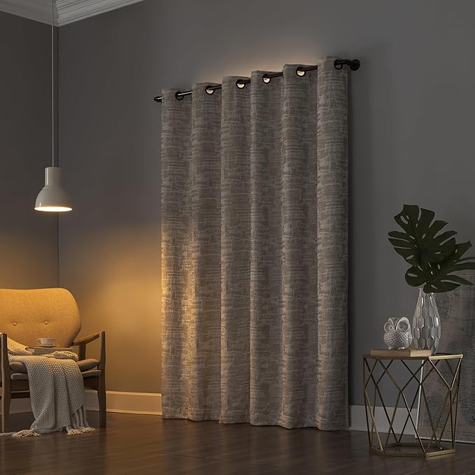 Sun Zero Parrish Distressed Grid Thermal Extreme Total Blackout Grommet Curtain Panel, 40" x 96", Stone