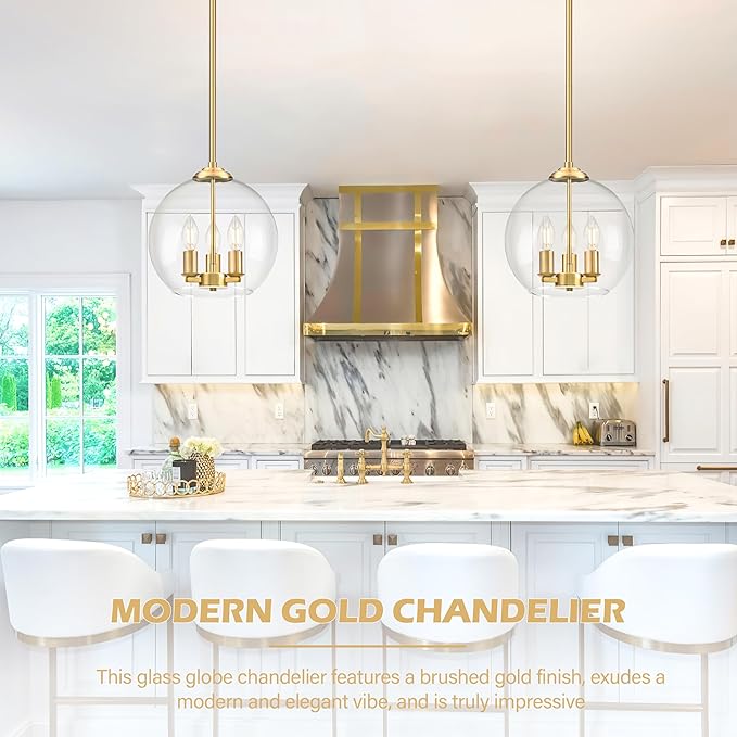 12" Gold Pendant Lights Glass Globe Pendant Light Fixture Bedroom Mid Century Modern Pendant Lighting Brass Pendant Light for Kitchen Island Bedroom Living Room Dinning Room (Bulb Incl.)
