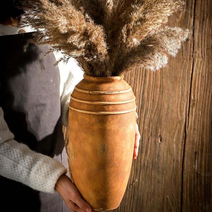 Large Ceramic Flower Vase, 12.87 inch Terracotta Vase, Rustic Farmhouse Vintage Vases for Home Decor, Living Room Shelf Decor, Enterway, Table Decoration