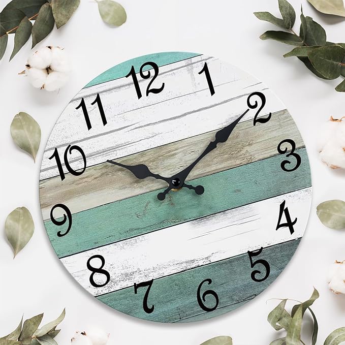 CHYLIN Wall Clock,12 Inch Wall Clocks Battery Operated Silent Non Ticking, Teal Turquoise Rustic Clock Decorative for Kitchen Bathroom Bedroom Living Room(Bronze White)