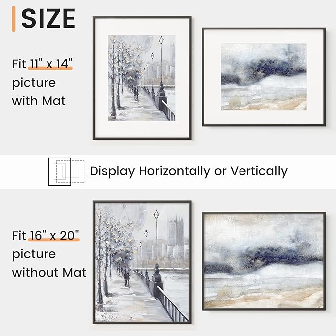 16x20 inch Metal Picture Frame - 16 x 20 Thin Aluminum Photo Frames with 11x14 Removable Mat - High Definition Plexiglass - Vertical and Horizontal Display - Wall Hook Hanging Hardware Included - Black, Set of 4