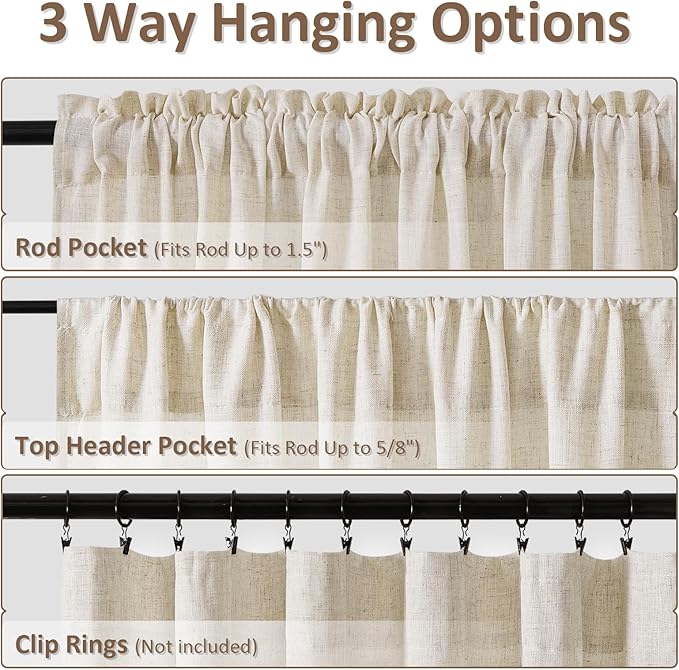 Guken Warm Beige Linen Curtains 63 Inches Long 2 Panel Set Rod Pocket Semi Sheer Dining Room Cozy Bedroom Decor Cotton Look Country Rustic Farmhouse Boho Curtains 52x63