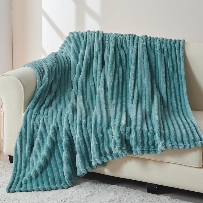 NEWCOSPLAY Super Soft Throw Blanket Light Teal Premium Silky Flannel Fleece 3D Ribbed Jacquard Lightweight Bed Blanket All Season Use (Light Teal Ribbed, Throw(50"x60"))