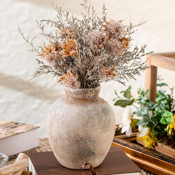 Ceramic Decorative Flower Vase | 6 Inch Pottery Rustic Farmhouse | Boho | Whitewashed Terracotta Vase for Home Decor, Table, Living Room, Bathroom, Shelf, Mantel Decoration, Terra