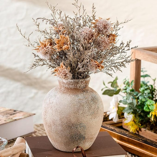 Ceramic Decorative Flower Vase | 6 Inch Pottery Rustic Farmhouse | Boho | Whitewashed Terracotta Vase for Home Decor, Table, Living Room, Bathroom, Shelf, Mantel Decoration, Terra