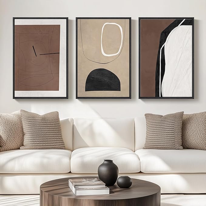 Framed Black and Brown Abstract Wall Art for Living Room, Set of 3 Piece Large Canvas Picture Prints, Modern Neutral White Artworks for Dining Room Hallway Home Office Wall Decor, 24x36 Inch