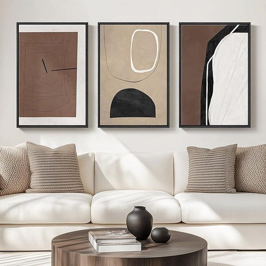 Framed Black and Brown Abstract Wall Art for Living Room, Set of 3 Piece Large Canvas Picture Prints, Modern Neutral White Artworks for Dining Room Hallway Home Office Wall Decor, 24x36 Inch