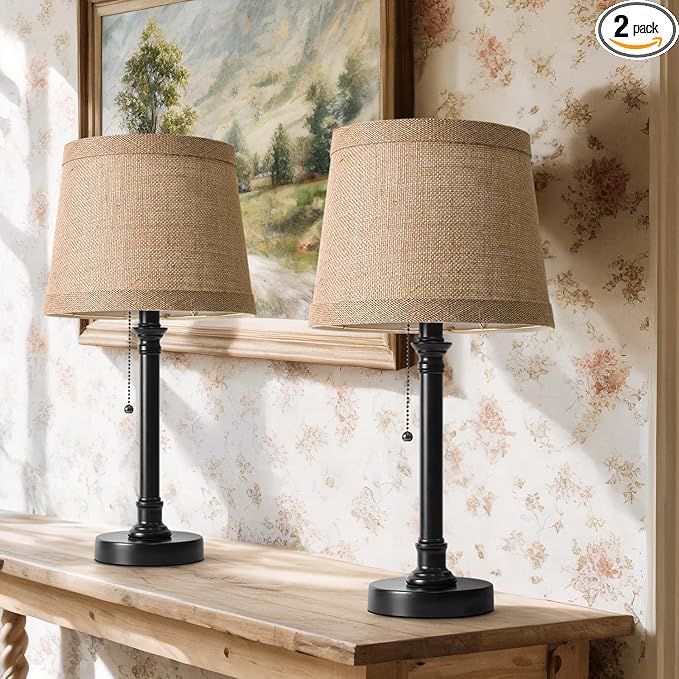 Oneach 19.5” Table Lamps Set of 2, Pull Chain Switch Bedside Table Lamps, Farmhouse Nightstand Lamp with Unique Natural Shade, Small Lamp for Living Room, Bedroom, Home Office, Nursery