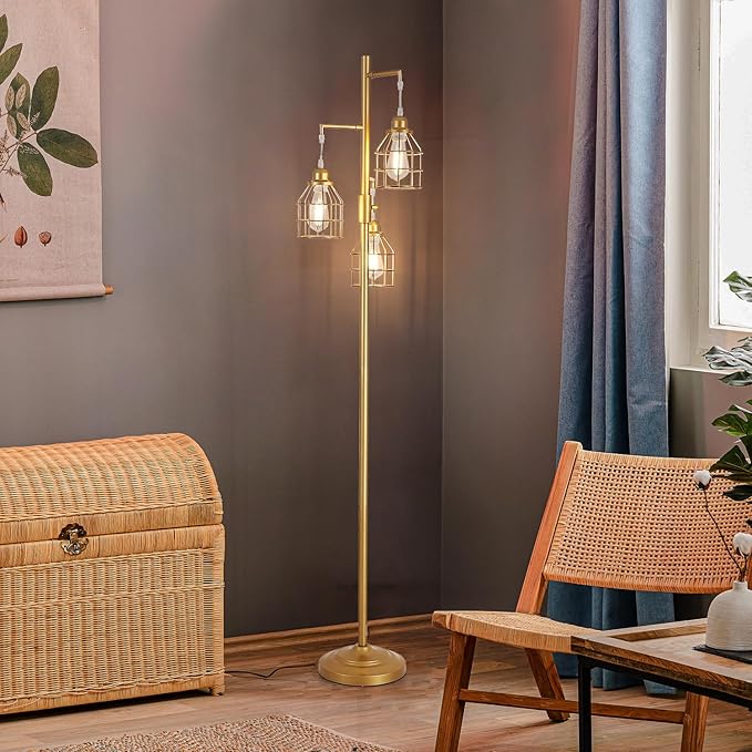 9MMML Golden Dimmable Floor Lamp,Industrial Gold Farmhouse Tall Standing Lamp for Living Room, Bedroom Office,3 Teardrop Cage Lampshade,3 LED Bulbs Inculded, 68'' Tall