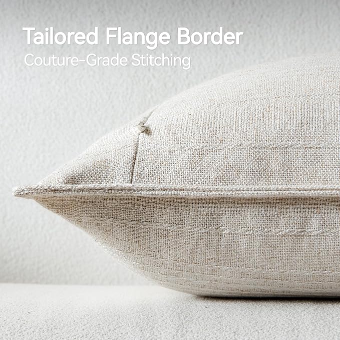 a moment Linen Pillow Covers Set of 2,Boho Farmhouse Throw Pillowcases Neutral Textured Decorative Covers for Couch Sofa, Soft Linen Blend Accent Case Cushion Living Room Home Decor 24"x24"Ivory