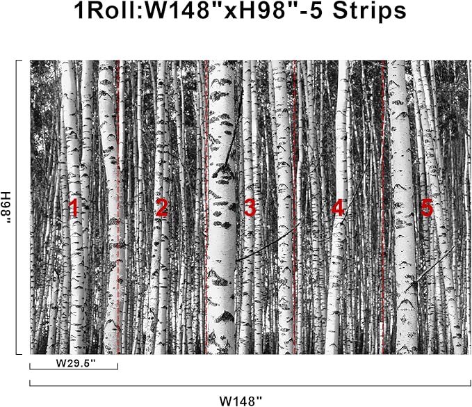 Large Black White Forest Murals 3D Peel and Stick Wallpaper Mural 148" Wx 98" H Nature Birch Trees Woodland Wall Mural Home Decor for Bedroom Livingroom Backdrop Wall Covering Poste