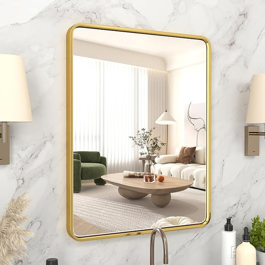 Gold Bathroom Mirror 24 x 28 in Vanity Mirror,Metal Frame Wall Mirror,Farmhouse Rectangle Mirror, Bathroom Mirrors for Over Sink,Horizontal or Vertical Hanging