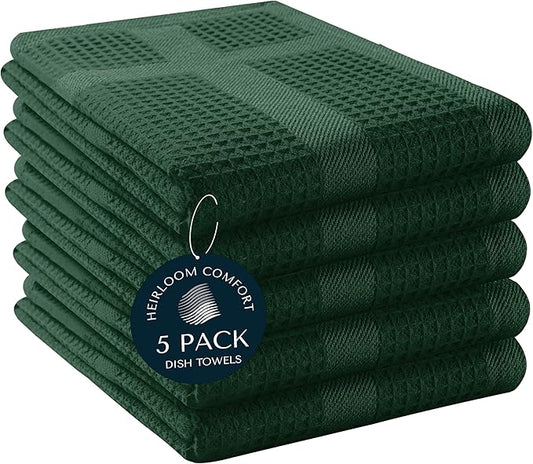 5 Pack Green Waffle Weave Kitchen Towels, 100% Cotton, 16"x26", Super Absorbent, Quick Dry Dishcloth Set with Hanging Loop, Soft for Drying Dishes, Cleaning, Hand Towel, Forest Green