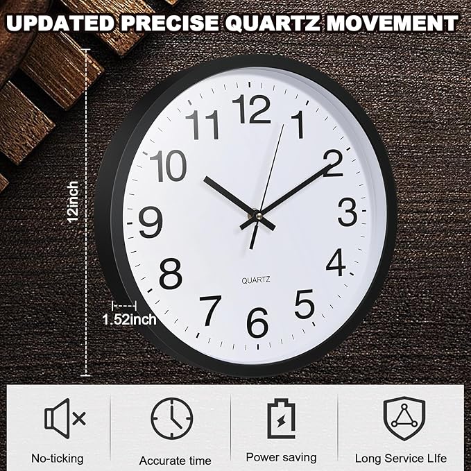 Inbagi 12 Pieces Silent Wall Clock Large 12 Inches Quartz Analog Clock Non Ticking Round Easy to Read Battery Operated for Classroom Office School Kitchen Bedroom Living Room Decorative