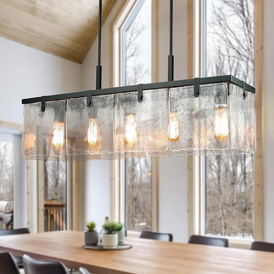 IKK Modern Textured Glass Chandeliers for Dining Room, 37" Rectangular Island Light Fixture, Rectangle Farmhouse Lighting for Kitchen Island, Living Room, L37 x W9.8 x H9.5