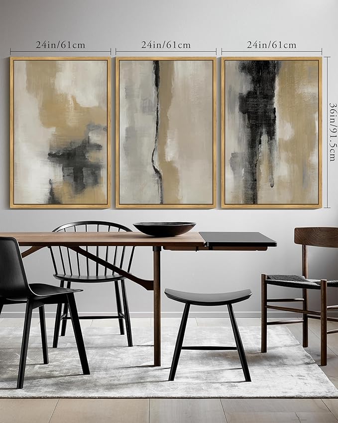 KUVIOKE Black Abstract Framed Wall Art Neutral Graffiti Pastel Minimalist Wall Decor Modern Art Painting for Bedroom Living Room 24x36in (Natural Framed)