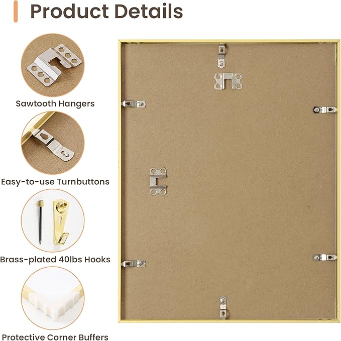 16x20 Metal Picture Frame Golden, Aluminum Poster Frame with Removable Mat for 11x14 Photo, 16 x 20 Thin Hanging Frames, Simple and Elegant Decor for Wall Mounting, set of 3