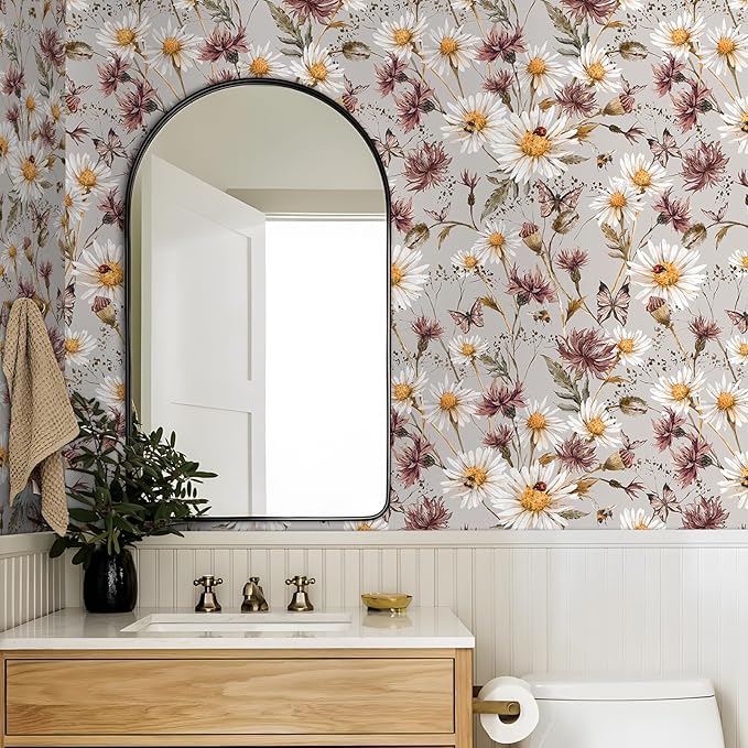 Livelynine 17.5x276" Wildflowers Floral Peel and Stick Wallpaper Vintage Fall Farmhouse Boho Wall Paper Nursery Girls Decorative Contact Paper for Furniture Desk Shelves Butterfly Cabinet Vinyl Wrap