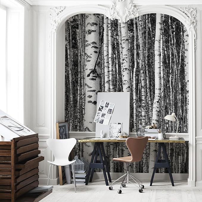 Large Black White Forest Murals 3D Peel and Stick Wallpaper Mural 148" Wx 98" H Nature Birch Trees Woodland Wall Mural Home Decor for Bedroom Livingroom Backdrop Wall Covering Poste