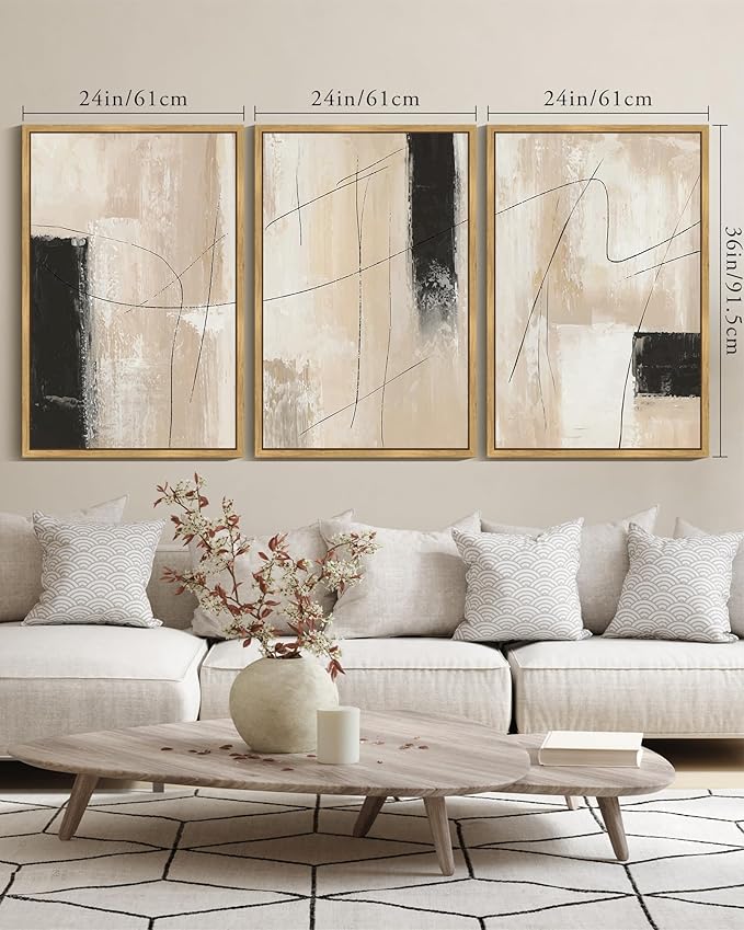 KUVIOKE Abstract Framed Wall Art Minimalist Beige Pastel Watercolor Neutral Wall Decor Modern Black Line Art Painting Home Decor 24x36in (Natural Framed)