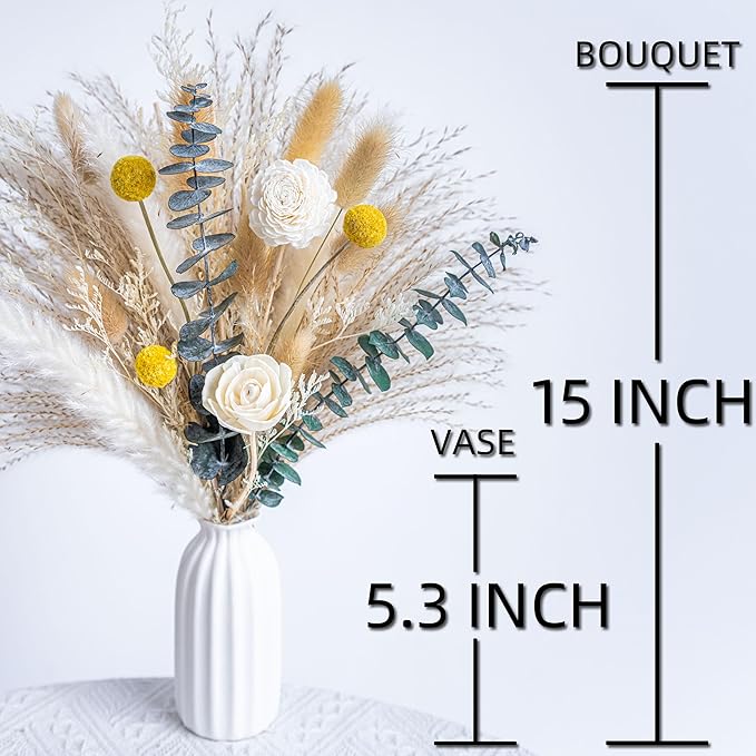 Dried Flowers Reed diffusers kit, Ceramic Vase Included, Reed diffusers for Home,Dried Eucalyptus Arrangements,Dried Grass for Table Room Decor Wedding Party Birthday Decor (WhiteGreen)