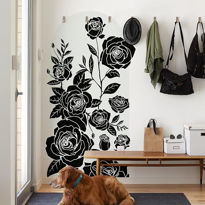 Large Arch Wall Decal Peel and Stick Black Rose Floral Accent Wall Stickers Self-Adhesive Modern Boho Floral Decal Vinyl Arch Wall Art for Headboard Living Room Bedroom Door Decor 63x 34.6IN