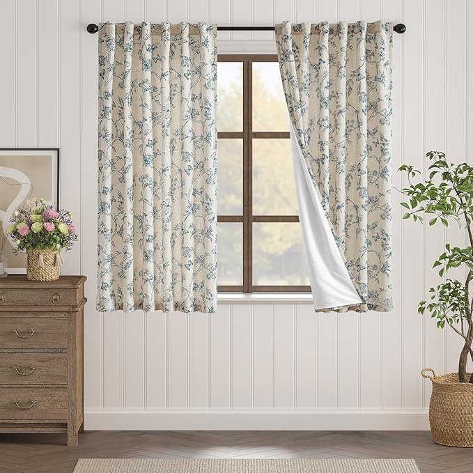 Lazzzy Lined Linen Farmhouse Blue Floral Curtains 63 Inch Length Back Tab Drapes for Living Room Bedroom Light Filtering Country Vintage Rod Pocket, 2 Panels, Blue on Beige