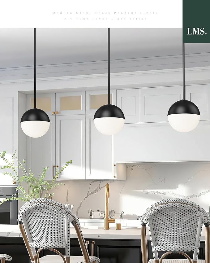 LMS 8-inch Black Pendant Lights Kitchen Island, Modern Globe Pendant Light with Frosted Glass, Contemporary Mid Century Hanging Light Fixture for Kitchen Island Sink Bedroom Bathroom, LMS-186