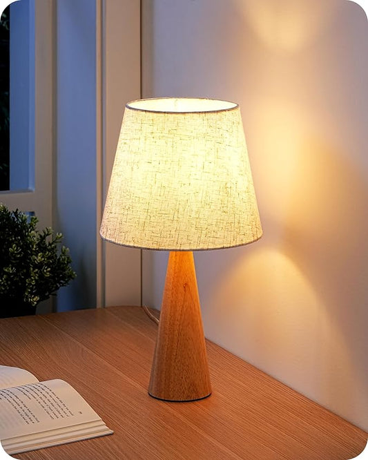 EDISHINE 13.58" Small Cute Table Lamp, Wooden Base Bedside Lamp with Beige Linen Lampshade, Space-Saving Nightstand Lamp for Nursery Bedroom Living Room, E26, ON-Off Button, Burlywood Base