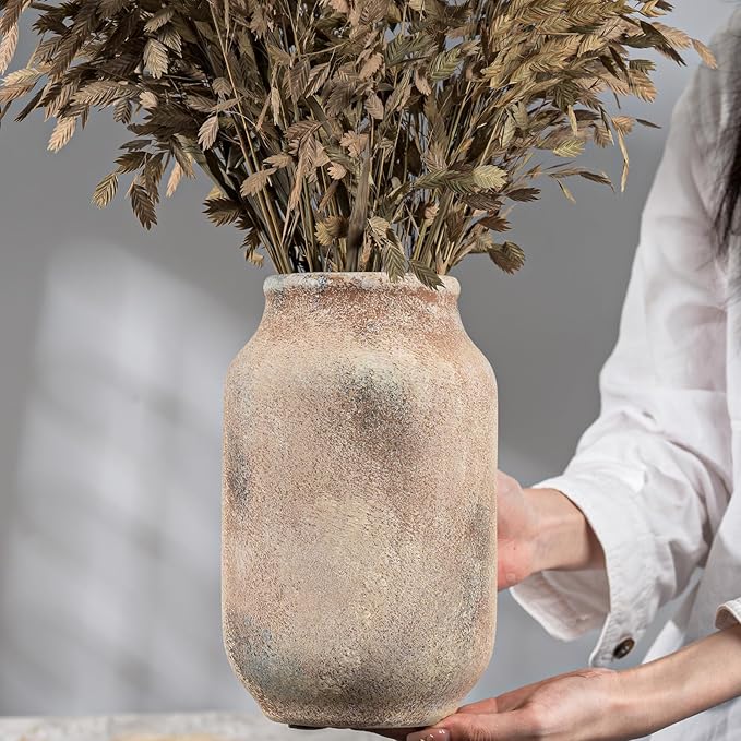 Rustic Ceramic Farmhouse Flower Large Vase, Whitewashed Terra Cotta Vase, Pottery Decorative Flower for Home Decor, Table, Living Room Decoration, Shelf Decor, Mantel, 9.5 Inch, Terra