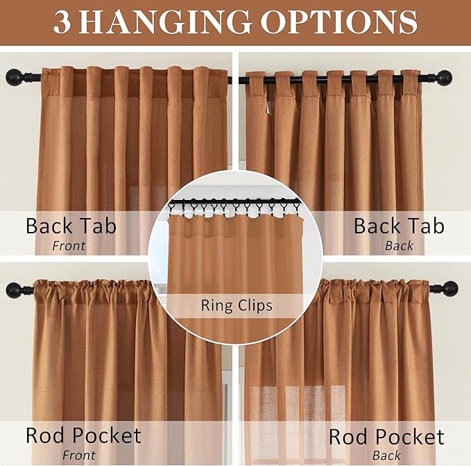 Desert Orange Curtains 96 Inch Length for Living Room 2 Panel Back Tab Rod Pocket Drape Light Filtering Semi Sheer Linen Textured Curtain for Bedroom Modern Farmhouse Decor 60x96 Long