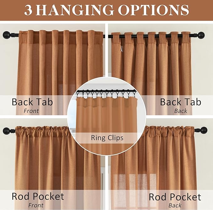 Natural Linen Curtains for Bedroom, Rod Pocket & Back Tab Flax Linen Burlap Semi Sheer Window Drapes Privacy with Light Filtering for Patio Door, W70 x L84, Desert Orange, 2 Pieces