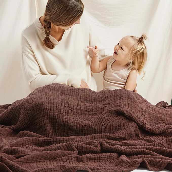 Carriediosa 100% Cotton Muslin Throw Blanket 50" X 70" Throw XL Size，4-Layers Summer Gauze Throws for Bed Couch，Soft Lightweight Breathable Linen Blankets Bedspread for Adults All Season，Dark Brown