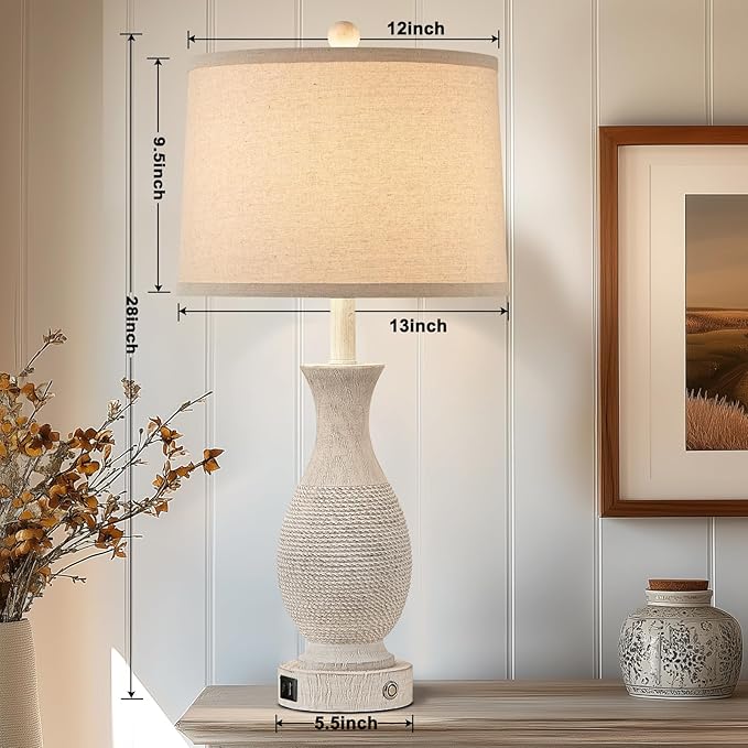 28" Rustic Farmhouse Table Lamps for Living Room Set of 2 Bedroom Lamps for Nightstand with USB A+C Charging Ports, 3-Way Dimmable Touch Bedside Lamp, Off-White, Linen Lampshade, LED Bulbs Included