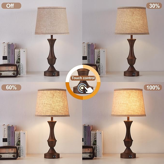 Touch Table Lamps Set of 2, 22" Tall Bedside Lamps with USB C+A Ports, 3-Way Dimmable Table Lamp, Nightstand lamps for Bedroom, Living Room, Office, Brown Lamps with Beige Lampshade, Bulbs Included