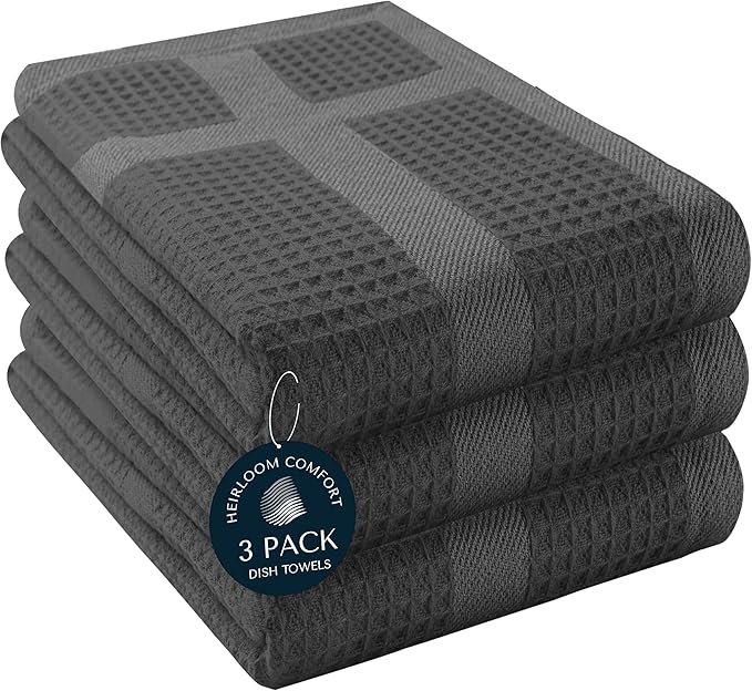100% Cotton Kitchen Towels, 16"x26", 3 Pack, Waffle Weave, Absorbent, Fast Drying Dishcloth Set for Cleaning, Hand Towels, Dish Rags, Wash Cloth, Durable, Machine Washable, Gray