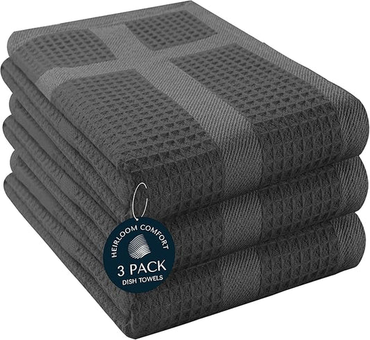 100% Cotton Kitchen Towels, 16"x26", 3 Pack, Waffle Weave, Absorbent, Fast Drying Dishcloth Set for Cleaning, Hand Towels, Dish Rags, Wash Cloth, Durable, Machine Washable, Gray