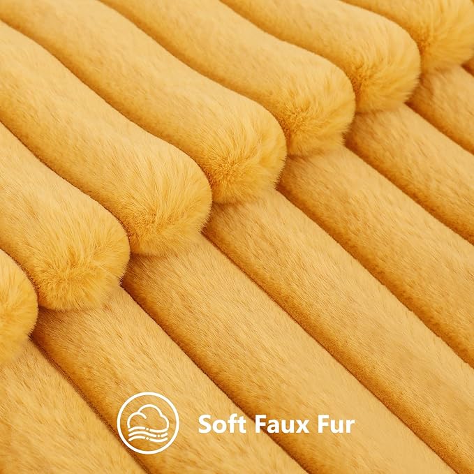 decorUhome Faux Fur Throw Pillow Covers 26x26 Set of 2, Decorative Soft Plush Striped Neutral Couch Euro Pillow Covers with Velvet Back for Sofa, Bed, Living Room Home Decor, Mustard Yellow
