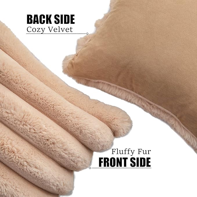Neelvin Camel Faux Fur Cozy Soft Striped Decorative Throw Pillow Covers 18x18 inch Set of 2,Velvet Pillowcase Cushion Case for Sofa Couch