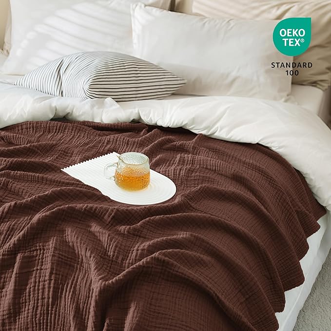 Carriediosa 100% Cotton Muslin Throw Blanket 90" X 90" Queen Size，4-Layers Summer Gauze Throws for Bed Couch，Soft Lightweight Breathable Linen Blankets Bedspread for Adults All Season，Dark Brown