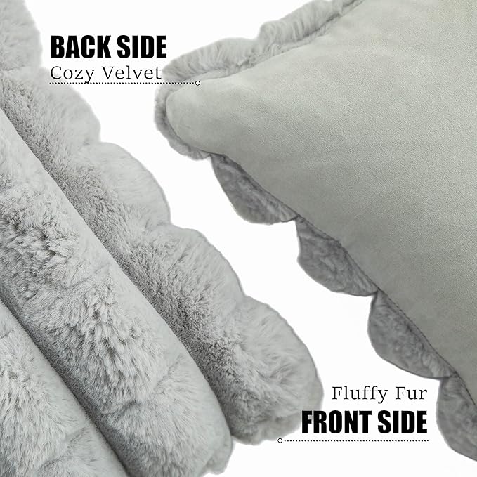 Neelvin Grey Faux Fur Cozy Soft Plaid Decorative Throw Pillow Covers 24x24 inch Set of 2,Velvet Pillowcase Cushion Case for Sofa Couch