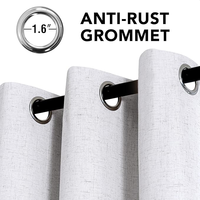 H.VERSAILTEX Linen Curtains 100% Blackout Curtains for Bedroom 96 inch Long Full Light Blocking Nature Linen Blended Window Curtains for Living Room Nickel Grommet (2 Panels, Heathered White)